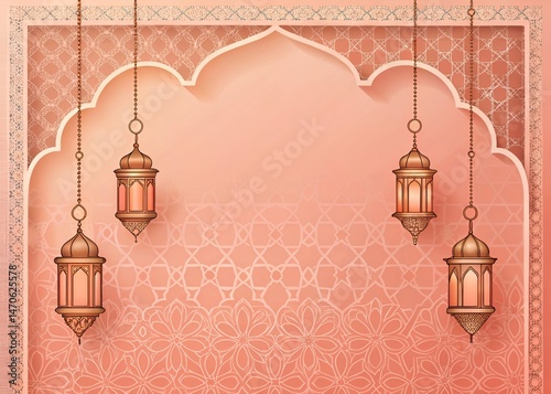 Peach geometric arch with golden lanterns and mosque outline eid poster background