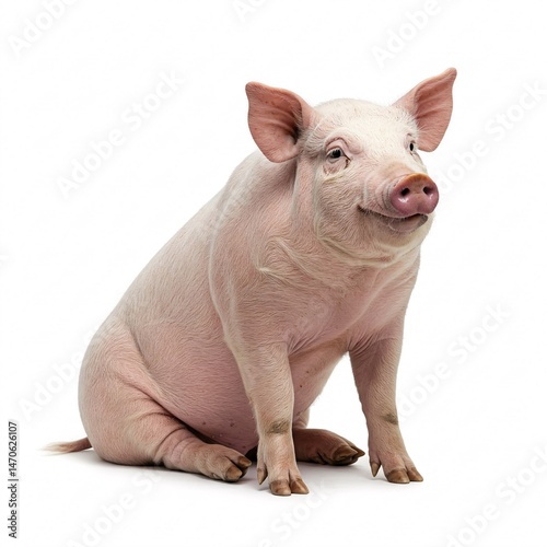 Pink pig sitting isolated on white background.