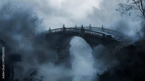 Haunted-looking bridge disappearing into a thick layer of fog