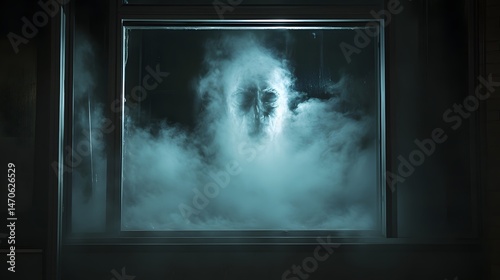 Ghostly face appearing in a mist-covered window late at night