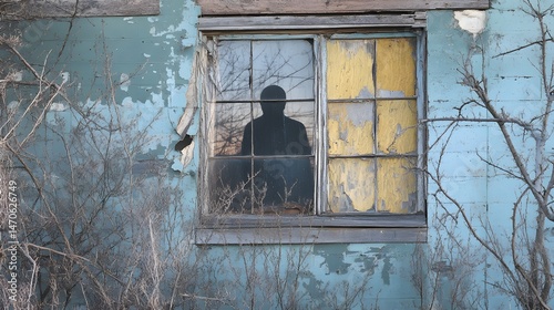 Ghostly figure lurking behind a window in a dilapidated building