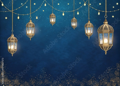 Night blue sky with golden string lanterns and subtle bokeh lights eid poster background