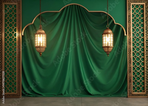 Deep green velvet arch with softly glowing lanterns eid poster background