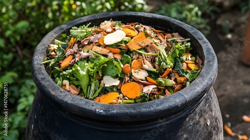 Compost bin on a kitchen counter filled with food scraps