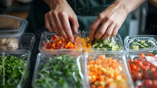 Hands sealing bags of pre-chopped vegetables for freezer storage