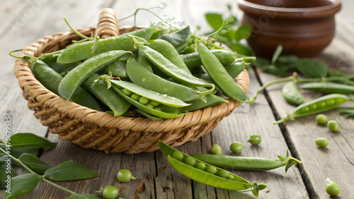 A bountiful pile of emerald-green sugar snap peas spills from a weathered wicker basket onto a rustic farm table, their plump pods glistening with morning dew