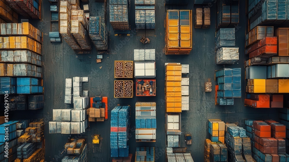 An aerial shot of a fully stocked warehouse, Inventory, Expansive and organized