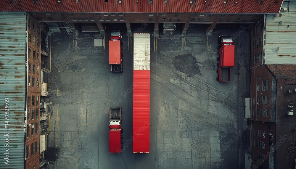 An aerial shot of distribution trucks leaving a warehouse, Shipping, Expansive and efficient