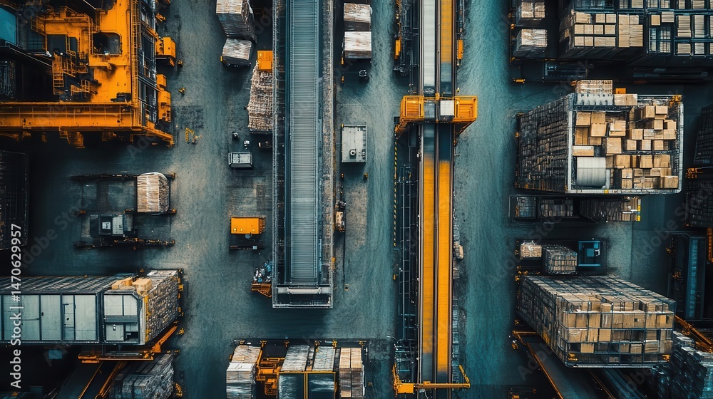 An overhead view of conveyor belts in a warehouse connected to automation systems, Logistics, Systematic and hightech