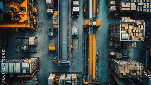 Obraz na płótnie An overhead view of conveyor belts in a warehouse connected to automation systems, Logistics, Systematic and hightech w salonie