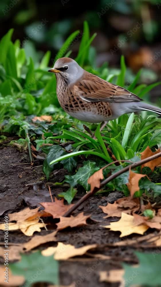 Fieldfare thrush stands amidst ivy groundcover and fallen leaves in a natural outdoor environment with soft focus background Fieldfare thrush stands amidst ivy groundcover and fallen leaves in a natural outdoor environment with soft focus background