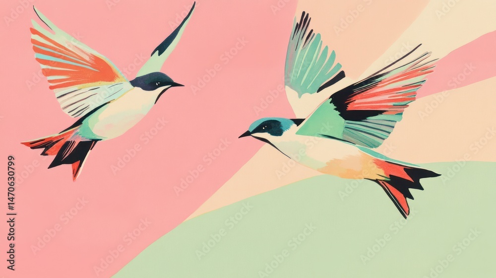 Obraz premium Two birds in flight, vibrant colors, soft background