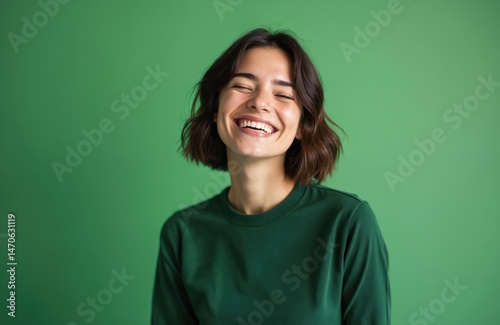 Joyful woman with closed eyes against green background. Attractive female brunette with big smile, white teeth. Portrait of happy girl shows positive emotions. Model wearing dark green clothes in