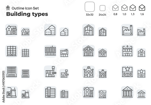 House, hospital, business center, factory, airport, skyscraper, museum, factory. Concept editable stroke outline icons set isolated on white background