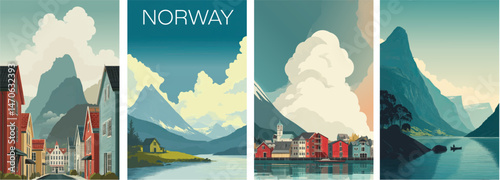 Norway vintage style travel poster set. Collection of scenic art deco retro tourism illustrations