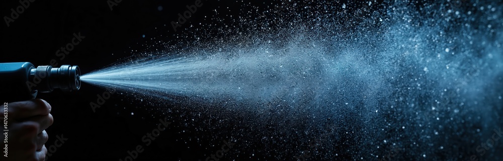 Obraz premium Water spray against black background. Aerosol sprays micro drops of water in slow motion. Macro shot of water droplets flying in air. Beauty concept, humid atmosphere.