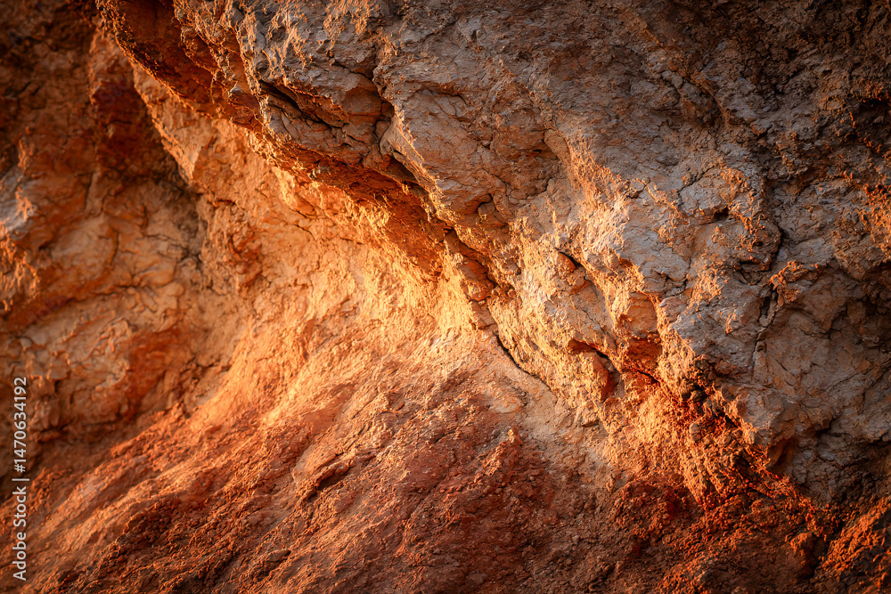 Obraz premium Texture of Stone: A close-up, highly detailed photograph showcasing the rough, weathered surface of a stone, illuminated by the soft, warm light of the sun.