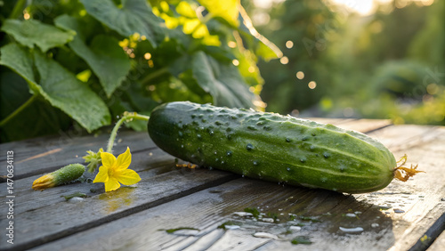 A single, freshly harvested cucumber rests on a weathered wooden table, its vibrant green skin glistening with droplets of water as if just rinsed