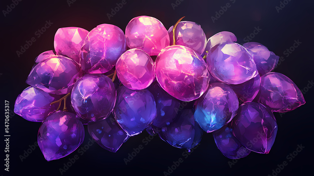 Fototapeta premium A vibrant cluster of grapes showcasing shades of purple and pink, highlighting their glossy texture and natural beauty. [Crystalline Wilderness] | Glinting Copse | shining cluster. Illustration