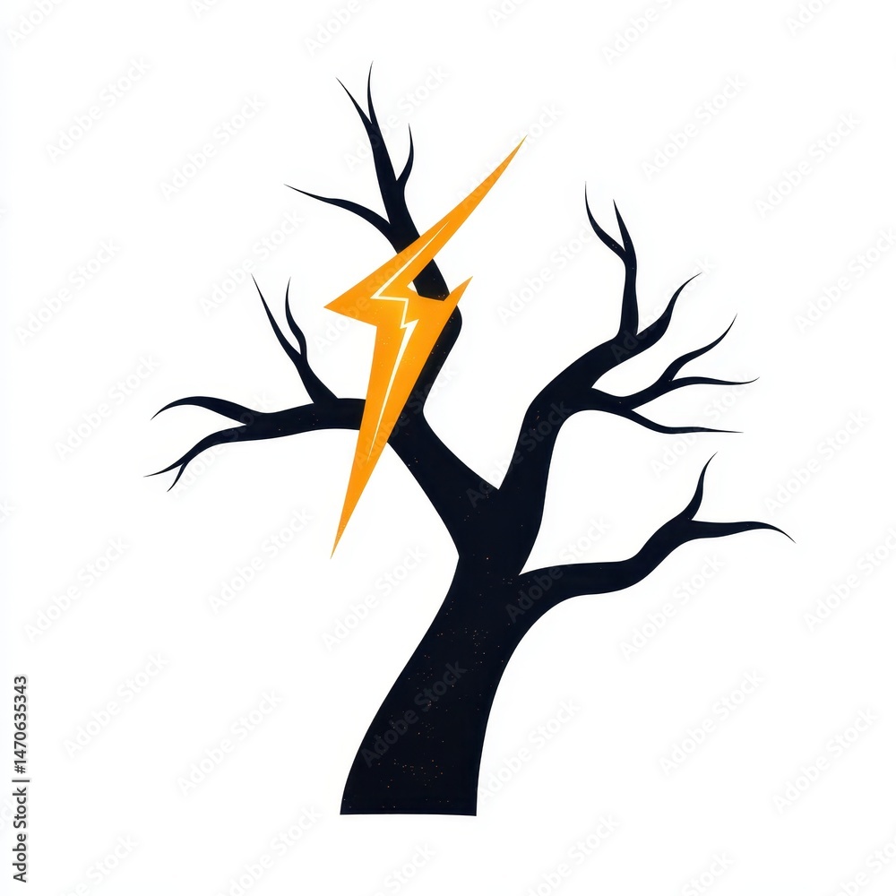 Fototapeta premium Orange Lightning Bolt Striking Black Tree Illustration