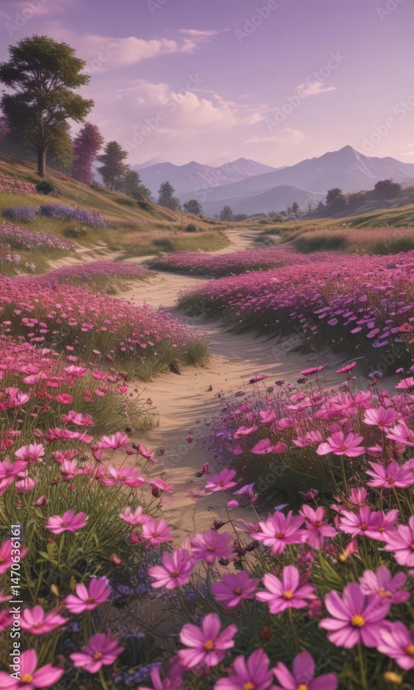 Fototapeta premium Pink & purple cosmos waves, idyllic rural scene, nature, macro
