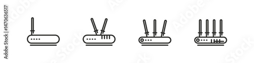 Wi-Fi router device icons in clean outline vector style.
Network equipment with antenna and wireless signal