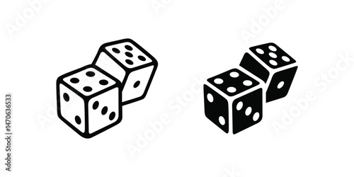 Game dice icons in outline and filled vector styles.
Gambling and board game symbols with dots and cubes