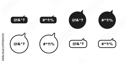 Swearing symbols in speech bubbles vector set in outline and black style. Censored word icons with typographic aggression marks
