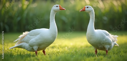Two white geese stand green grass field, soft sunlight. Large domestic birds, farm animals in outdoor nature. Close-up view, avian life, healthy environment.