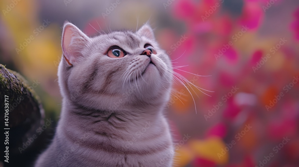 Fototapeta premium Fluffy gray cat gazing upward against colorful background.