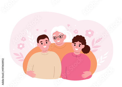 Happy grandmother hugs her grandchildren. Boy, girl and elderly woman are happy together. Vector flat graphics.