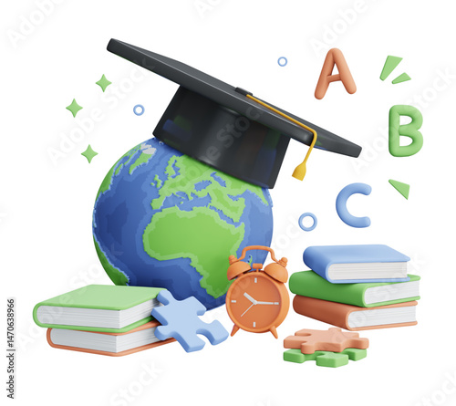 3D Global Education Concept with Graduation Cap, Books, Clock, and Puzzle Pieces