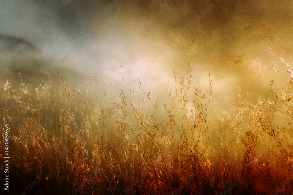 Obraz premium Golden Field Dreamscape: A captivating scene where nature's golden hues and gentle breeze dance across a sun-kissed field. Atmospheric beauty.