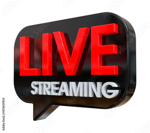 3D Live Streaming Text in Red and Silver Inside a Glossy Speech Bubble