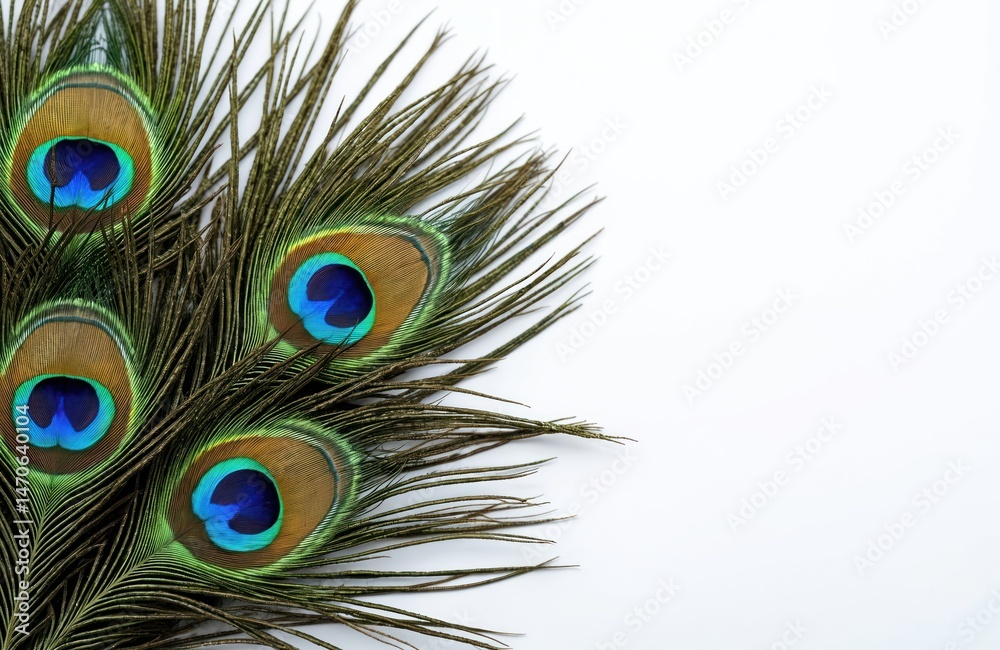 Obraz premium Peacock feather isolated on white. Decorative abstract nature background. Bright colorful design with blue, green, brown colours. Tropical elegance, detail, exotic beauty, eye, pattern.