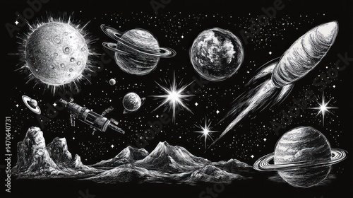 Celestial bodies and spacecraft in space