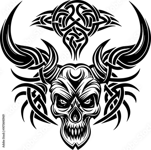 
Skull tattoo design, SVG with clean lines. Intricate Skull with Tribal Horns and Patterns Design