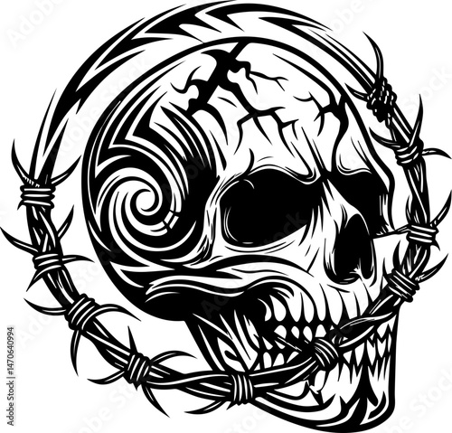 
Skull tattoo design, SVG with clean lines. Skull Design with Barbed Wire and Swirling Patterns
