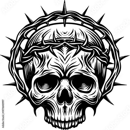 
Skull tattoo design, SVG with clean lines. Skull with Thorn Crown and Spikes for Art and Design
