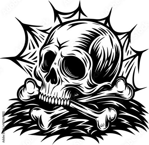 
Skull tattoo design, SVG with clean lines. Intricate Skull with Crossbones and Spider Web Design