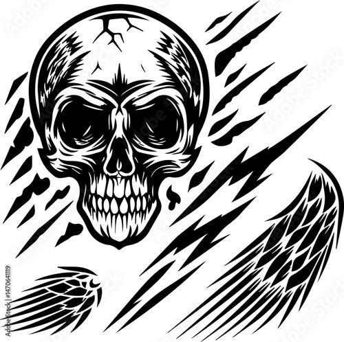 
Skull tattoo design, SVG with clean lines. Intricate Skull Design with Lightning and Wing Motif Art