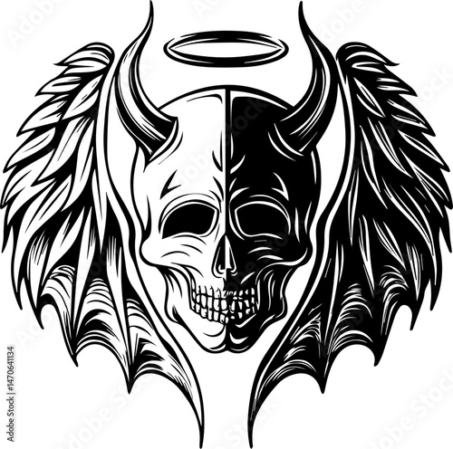 
Skull tattoo design, SVG with clean lines. Dark Angel Skull with Wings and Halo Design Artwork