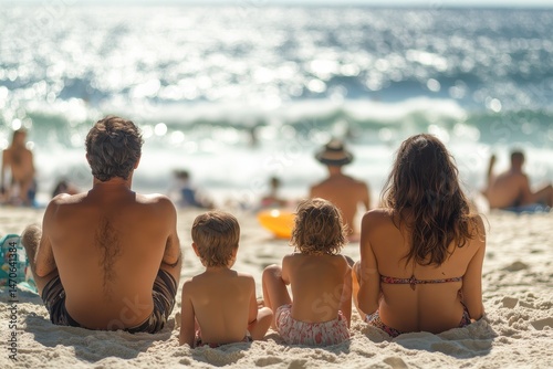 Family enjoys a sunny day at the beach while sitting on the sand, overlooking the ocean waves and other beachgoers in the background