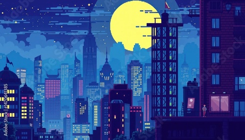 Pixelated urban panorama at dusk under a radiant moon, evoking nostalgia and digital aesthetic