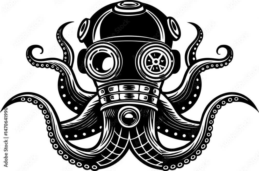 Naklejka premium octopus with a vintage diving helmet, combining marine life with steampunk elements sketch linocut vector