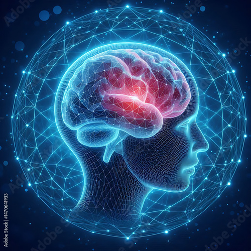 Human Brain. Organ anatomy, neurology, healthy body concept. Polygonal image on blue neon background. Low poly, wireframe digital 3d vector illustration. Abstract art