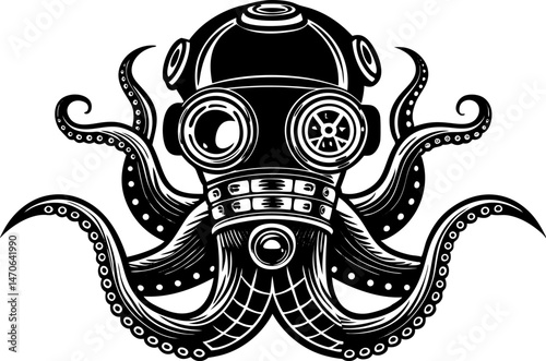 octopus with a vintage diving helmet, combining marine life with steampunk elements sketch linocut vector