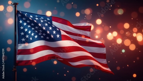 Waving American flag against a patriotic bokeh background