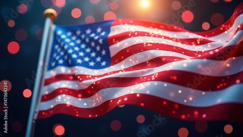 Waving American flag with festive red and white bokeh background