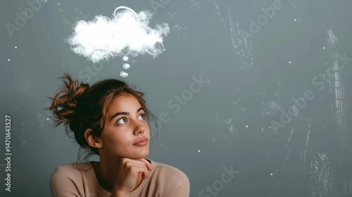 Pensive young woman looking up with a thought bubble above her head, studio shot